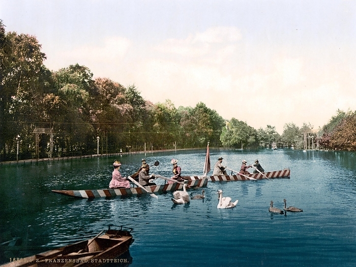 Lake in the park, Franzensbad, Czech Republic, c. 1890, Historical, digitally restored reproduction from a 19th century original, Lake in the park, Czech Republic, c. 1890, Historical, digitally restored reproduction from a 19th century original, Europe, by Sunny Celeste
