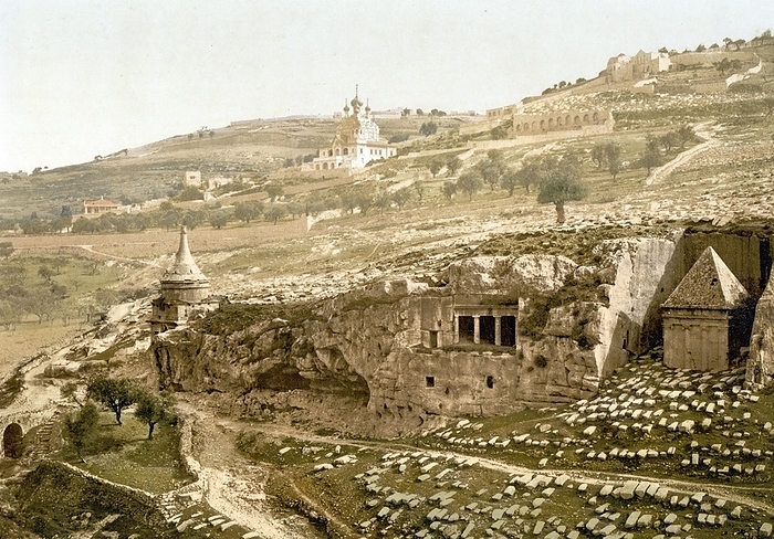 Valley of the Tombs of Jehoshaphat, Jerusalem, Holy Land, Israel, c. 1890, Historic, digitally restored reproduction from a 19th century original, Valley of the Tombs of Jehoshaphat, Holy Land, 1890, Historic, digitally restored reproduction from a 19th century original, Asia, by Sunny Celeste