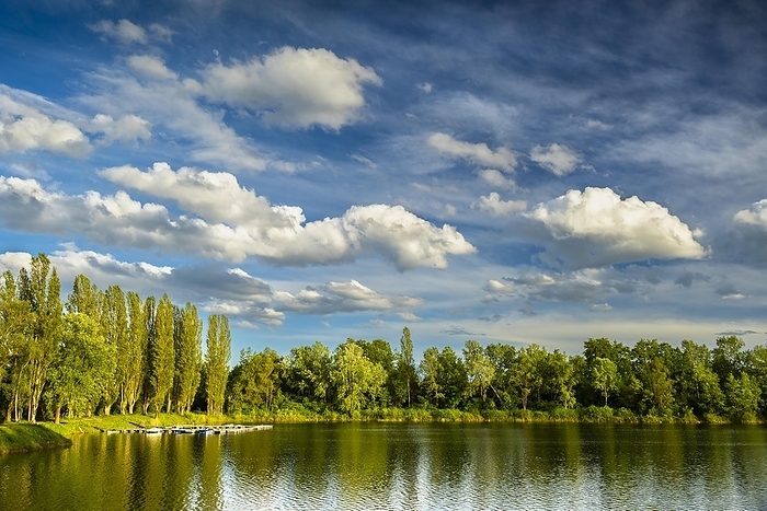 Landscape with a lake and trees under a blue sky with some white clouds, in the lake is a small jetty with small boats, Rhein-Neckar-Kreis, Baden-Württemberg, Germany, Europe, by Susanne Fritzsche