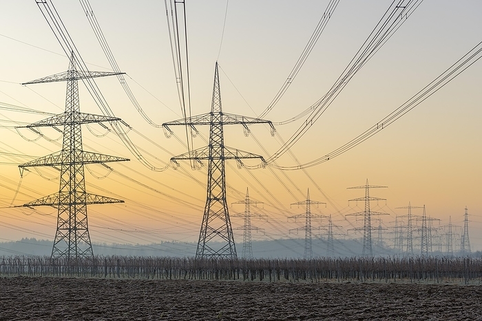 Power pylons, overhead lines, energy supply, in front of sunrise, twilight, vineyard, field, Baden-Württemberg, Germany, Europe, by Lilly
