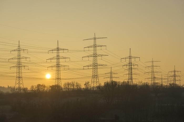 Power pylons, overhead lines, energy supply, sunrise, sun, vineyard, field, Baden-Württemberg, Germany, Europe, by Lilly