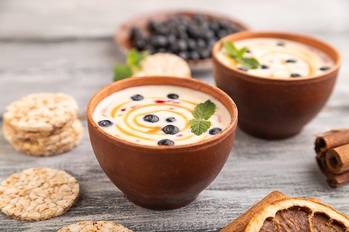 Yoghurt with bilberry and caramel in clay bowl on gray wooden background. side view, close up, selective focus, by ULADZIMIR ZGURSKI