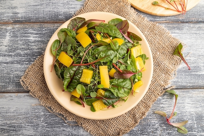 Vegetarian vegetables salad of yellow pepper, beet microgreen sprouts on gray wooden background and linen textile. Top view, flat lay, close up, by ULADZIMIR ZGURSKI