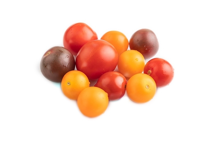 Red. yellow cherry tomatoes isolated on white background. Side view, by ULADZIMIR ZGURSKI