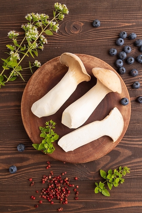 King Oyster mushrooms or Eringi (Pleurotus eryngii) on brown wooden background with blueberry, herbs and spices. Top view, flat lay, by ULADZIMIR ZGURSKI