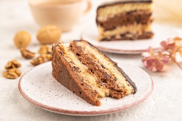 Chocolate biscuit cake with caramel cream and walnuts, cup of coffee on gray concrete background. side view, close up, selective focus, by ULADZIMIR ZGURSKI