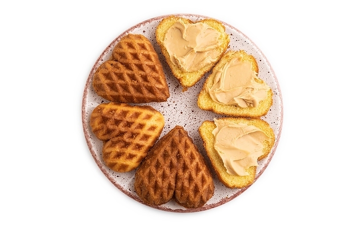 Homemade waffle with peanut butter isolated on white background. top view, flat lay, close up, by ULADZIMIR ZGURSKI