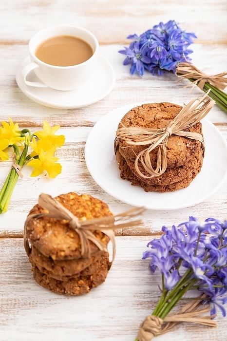Oatmeal cookies with spring snowdrop flowers bluebells, narcissus and cup of coffee on white wooden background. side view, close up, still life. Breakfast, morning, spring concept, by ULADZIMIR ZGURSKI