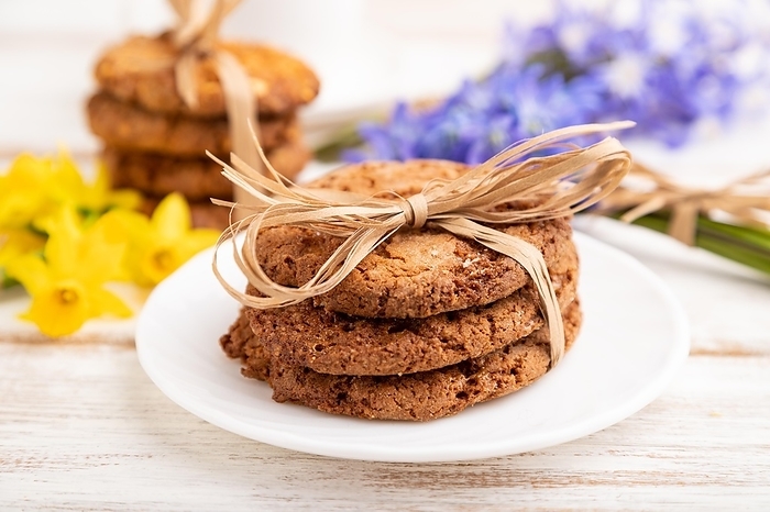 Oatmeal cookies with spring snowdrop flowers bluebells, narcissus and cup of coffee on white wooden background. side view, close up, defocused, still life. Breakfast, morning, spring concept, by ULADZIMIR ZGURSKI