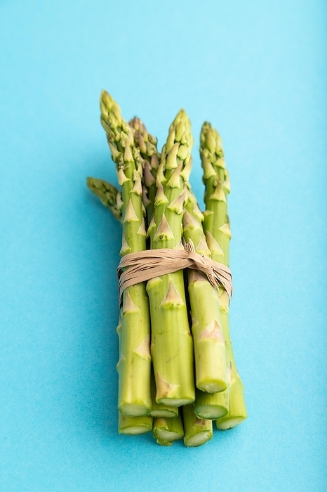 Bunch of fresh green asparagus on blue pastel background. Side view, close up. harvest, healthy, vegan food, concept, minimalism, by ULADZIMIR ZGURSKI