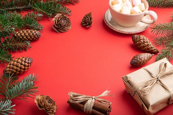 Christmas or New Year frame composition. Decorations, box, cinnamon, cones, fir and spruce branches, cup of coffee, on a red paper background. Side view, copy space, by ULADZIMIR ZGURSKI