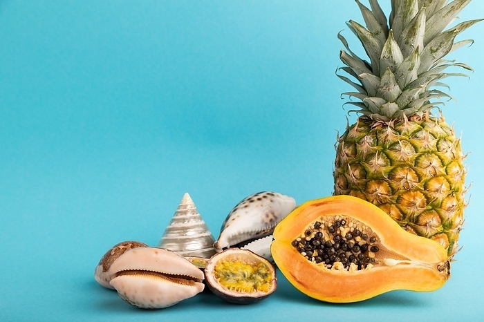 Ripe cut papaya, pineapple, passion fruit, seashells on blue pastel background. Side view, copy space. Tropical, healthy food, vacation, holidays concept, by ULADZIMIR ZGURSKI