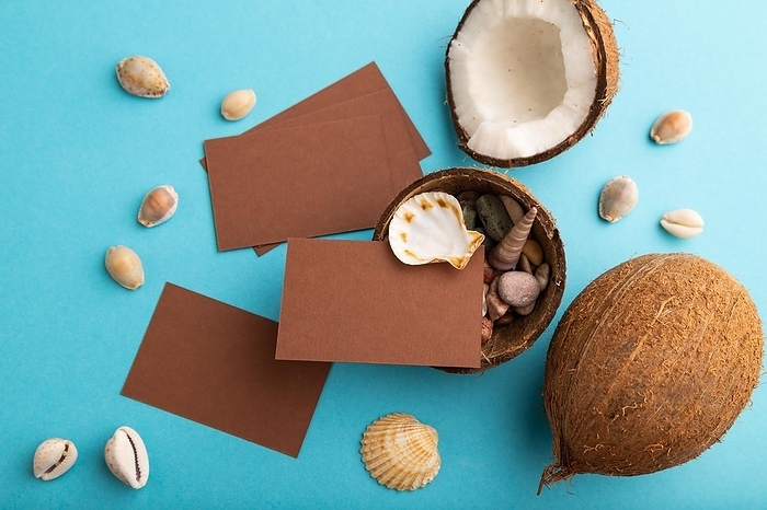 Brown paper business card with coconut and seashells on blue pastel background. Top view, flat lay, copy space. Tropical, healthy food, vacation, holidays concept, by ULADZIMIR ZGURSKI
