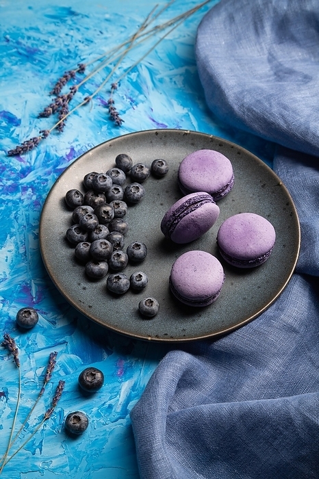 Purple macarons or macaroons cakes with blueberries on ceramic plate on a blue concrete background and blue textile. Side view, close up, by ULADZIMIR ZGURSKI
