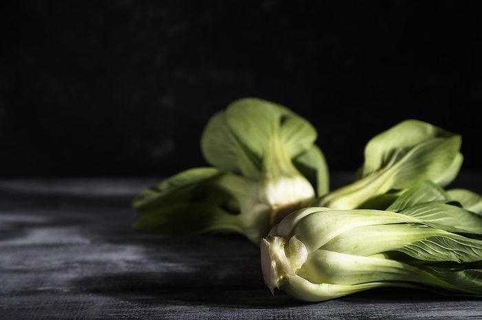 Fresh green bok choy or pac choi chinese cabbage on a gray wooden background. Hard light, contrast, dark, moody. Side view, copy space, selective focus, by ULADZIMIR ZGURSKI