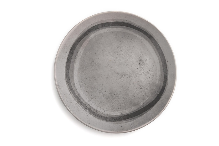 Empty gray ceramic plate isolated on white background. Top view, flat lay, close up, by ULADZIMIR ZGURSKI
