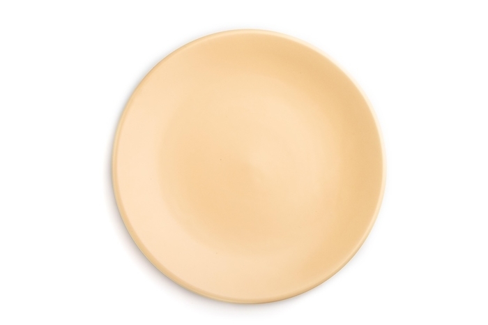 Empty beige ceramic plate isolated on white background. Top view, flat lay, close up, by ULADZIMIR ZGURSKI