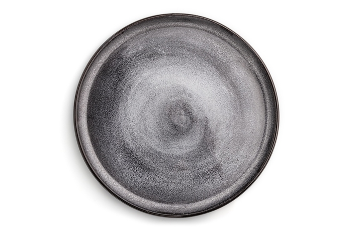Empty gray ceramic plate isolated on white background. Top view, flat lay, close up, by ULADZIMIR ZGURSKI