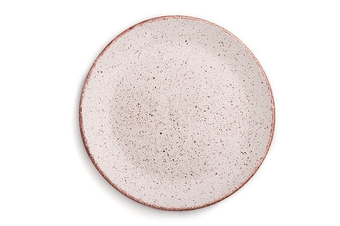 Empty pink dotted ceramic plate isolated on white background. Top view, close up, by ULADZIMIR ZGURSKI