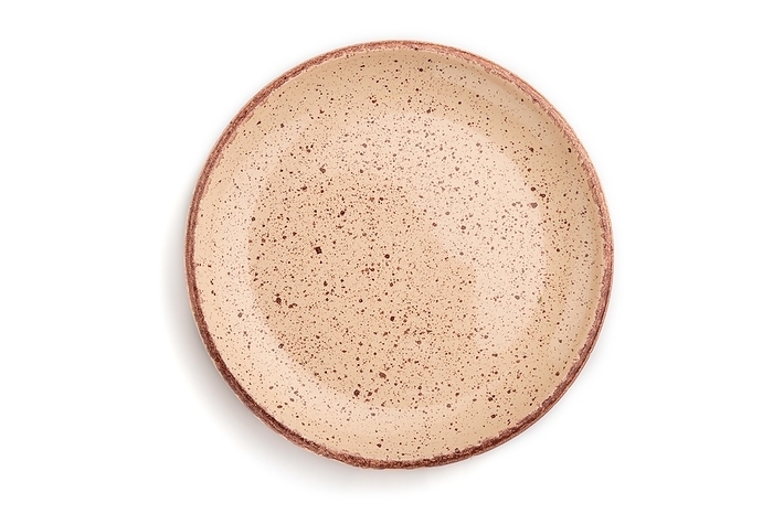 Empty beige dotted ceramic plate isolated on white background. Top view, close up, by ULADZIMIR ZGURSKI