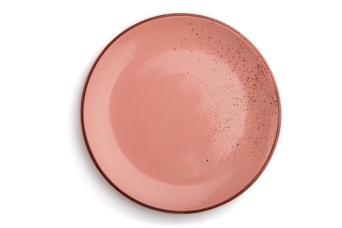 Empty pink dotted ceramic plate isolated on white background. Top view, close up, by ULADZIMIR ZGURSKI