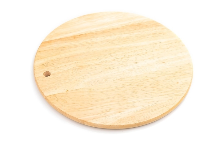 Wooden round cutting board isolated on white background. Side view, close up, by ULADZIMIR ZGURSKI
