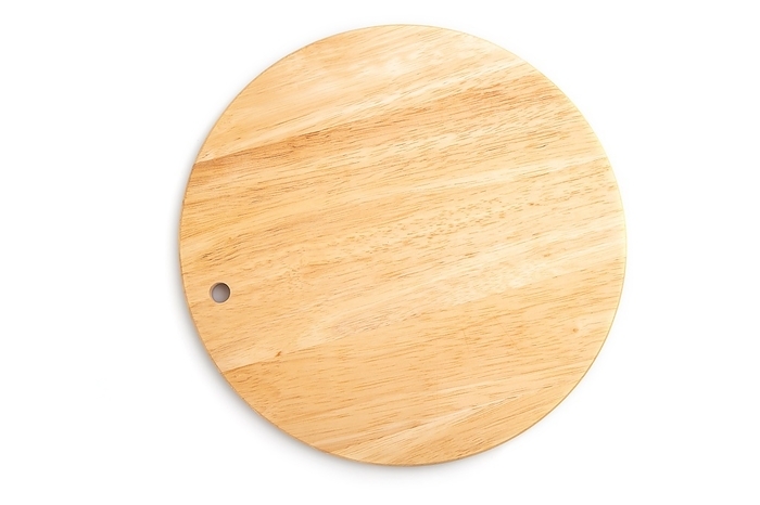 Wooden round cutting board isolated on white background. Top view, close up, by ULADZIMIR ZGURSKI