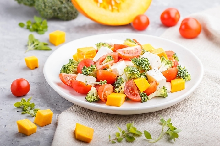 Vegetarian salad with broccoli, tomatoes, feta cheese, and pumpkin on white ceramic plate on a gray concrete background and linen textile, side view, close up, selective focus, by ULADZIMIR ZGURSKI