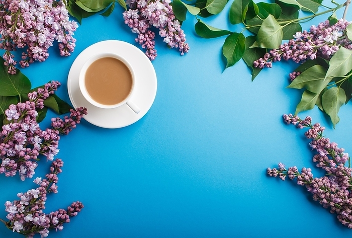 Purple lilac flowers and a cup of coffee on pastel blue background. Morninig, spring, fashion composition with copy space. Flat lay, top view, by ULADZIMIR ZGURSKI