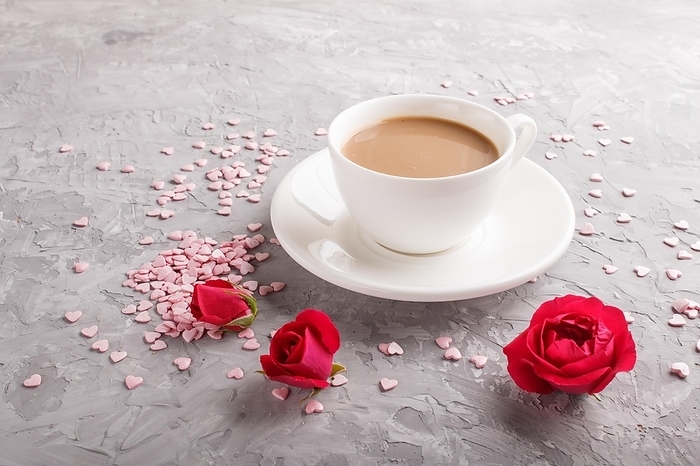 Red rose flowers and a cup of coffee on a gray concrete background. Morninig, spring, fashion composition. side view, close up, by ULADZIMIR ZGURSKI