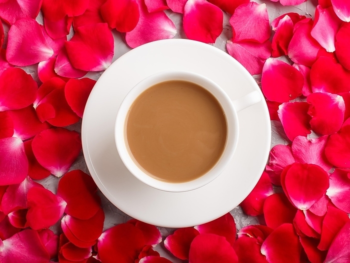 Red rose petals background and a cup of coffee. Morninig, spring, fashion composition. Flat lay, top view, close up, by ULADZIMIR ZGURSKI