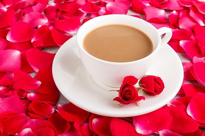 Red rose petals background and a cup of coffee. Morninig, spring, fashion composition. side view, close up, by ULADZIMIR ZGURSKI