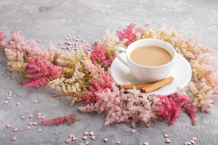 Pink and red astilbe flowers and a cup of coffee on a gray concrete background. Morninig, spring, fashion composition. side view, close up, by ULADZIMIR ZGURSKI