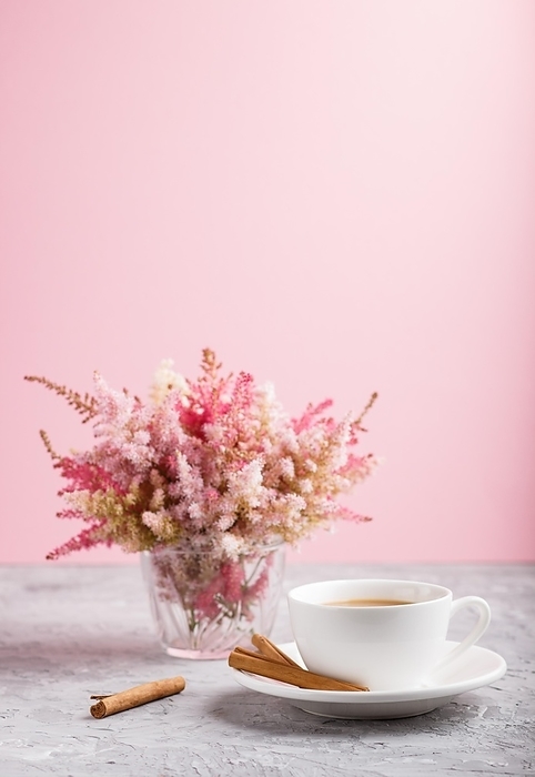 Pink and red astilbe flowers in glass and a cup of coffee on a gray and pink background. Morninig, spring, fashion composition. side view, close up, selective focus, by ULADZIMIR ZGURSKI