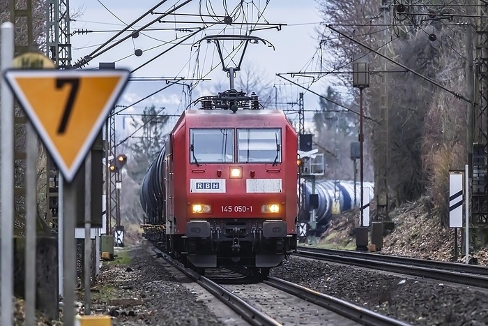 Germany Railway line with goods train RBH Logistics, class BR145 locomotive, Stuttgart, Baden W rttemberg, Germany, Europe, by Arnulf Hettrich
