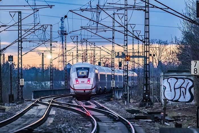 Germany Railway line with many overhead lines and railway signals, InterCityExpress ICE of Deutsche Bahn AG, Stuttgart, Baden W rttemberg, Germany, Europe, by Arnulf Hettrich