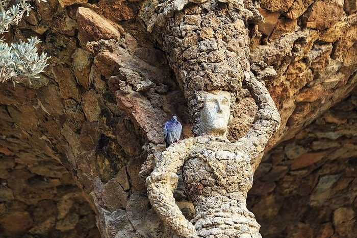 Dove sitting on the shoulder of a stone sculpture, Portico of the Washerwoman, colonnade in Park Güell, Barcelona, Spain, Europe, by Angela to Roxel
