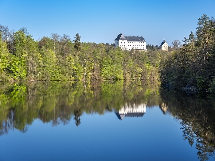 Germany Burgk Castle reflected in the Burhkhammer Dam on the River Saale in spring, Burgk, Thuringia, Germany, Europe, by Andreas Vitting