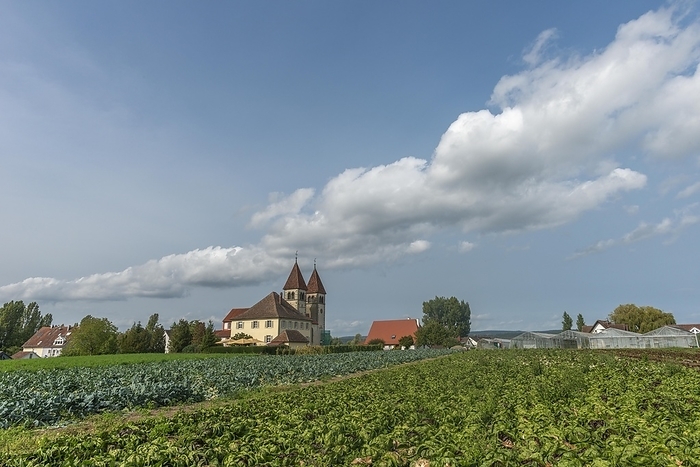 Germany Collegiate Church of St Peter and Paul, Niederzell, Reichenau Island, double tower, rectory, vegetable fields, greenhouse, Lake Constance, Baden W rttemberg, Germany, Europe, by Wolfgang Diederich