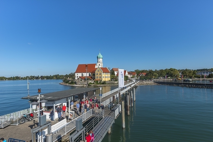 Germany Moated castle, Lake Constance, kiosk, jetty, tourists, parish church of St George, onion dome, Bavaria, Germany, Europe, by Wolfgang Diederich