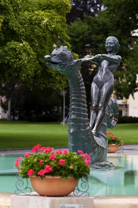 Switzerland Sculpture with mermaid on the promenade in Vevey on Lake Geneva, Vaud, Switzerland, Europe, by Franzel Drepper