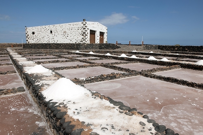 Spain Historic salt works for salt extraction, now the salt museum Museo de la Sal, in the foreground small reservoirs for the evaporation of salt water, next to it skimmed sea salt, Antigua, Fuerteventura, Canary Islands, Spain, Europe, by Frank Schneider
