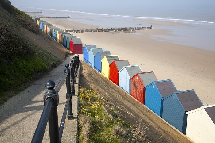 United Kingdom Colourful beach huts, wide sandy beach and sea, Mundesley, Norfolk, England, United Kingdom, Europe, by Ian Murray