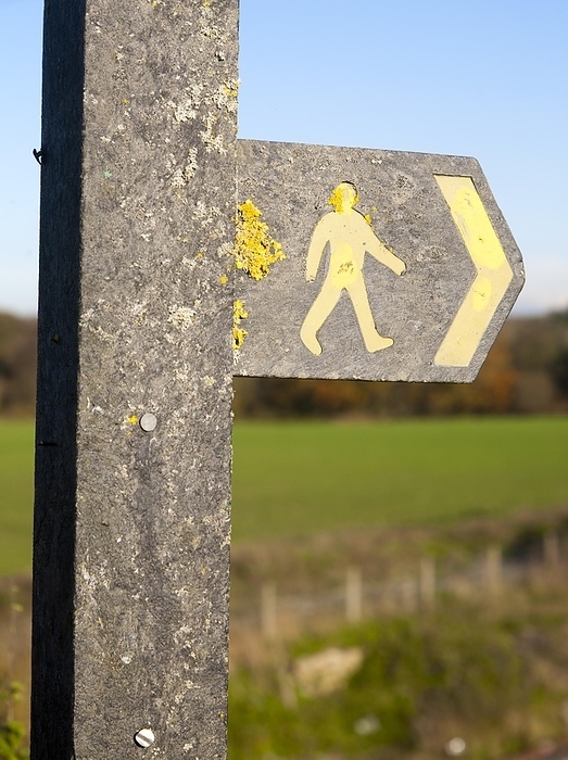 United Kingdom Close up of footpath sign with yellow human figure walking and direction arrow pointing the way, Wiltshire, England, UK, by Ian Murray