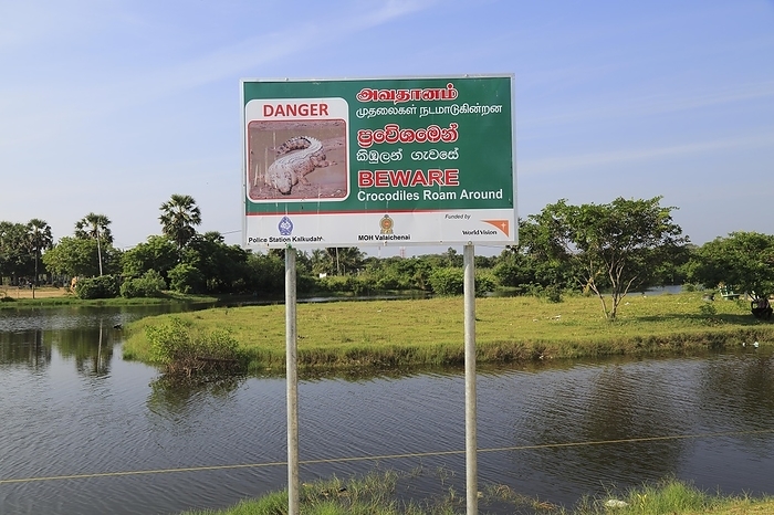 Sri Lanka Danger sign warning of crocodiles, Pasikudah Bay, Eastern Province, Sri Lanka, Asia, by Ian Murray
