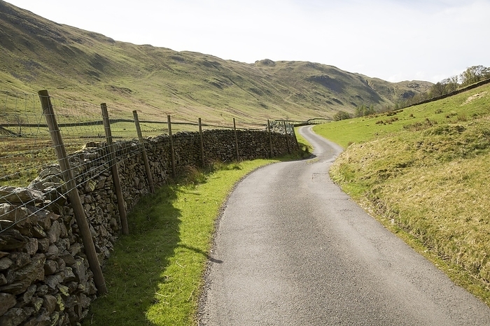 United Kingdom Narrow road and dry stonewall, Boredale valley, Martindale, Lake District national park, Cumbria, England, UK, by Ian Murray