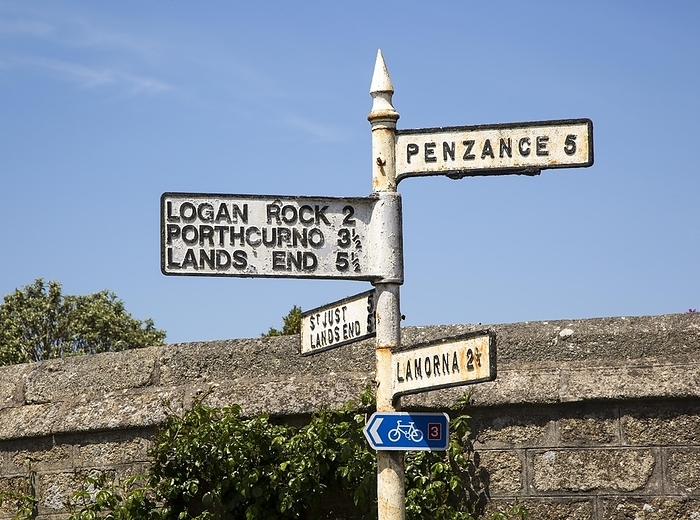 United Kingdom Old road sign distances and directions, St Buryan, Cornwall, England, UK, by Ian Murray