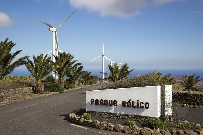 Spain Turbines and sign at Parque Eolico de Lanzarote wind farm, Lanzarote, Canary Islands, Spain, Europe, by Ian Murray