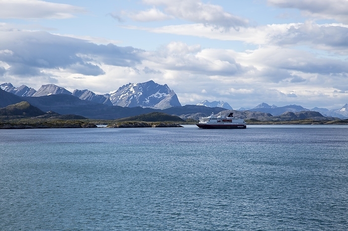Norway Hurtigruten ferry ship jagged mountains near Ornes, Nordland, Norway, Europe, by Ian Murray