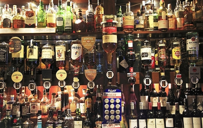 Ireland Bottles of spirits bar display inside the Temple Bar pub, Dublin city centre, Ireland, Republic of Ireland, Europe, by Ian Murray